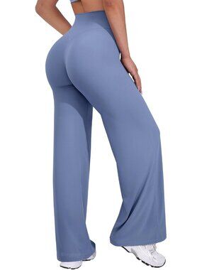 Women's Ocean Blue High Waist Stretch Casual Straight Bottoms Wide Leggings